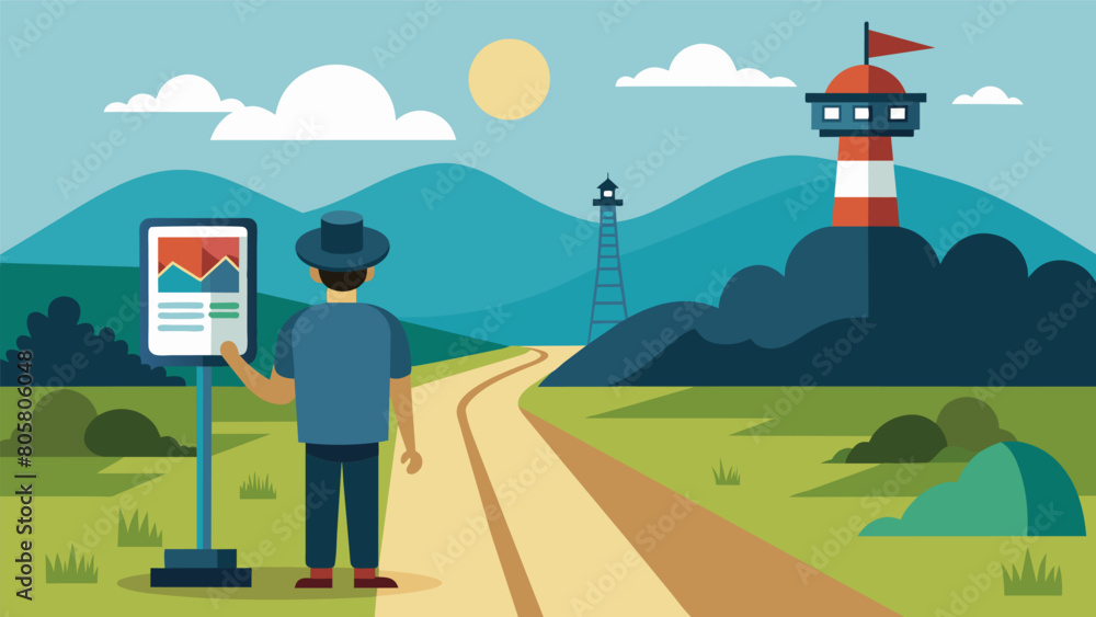 Naklejka premium On a peaceful countryside road a lone traveler looks up as the signal towers bright screen catches their attention with its shocking headlines..