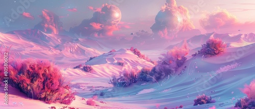The image is showing a beautiful winter landscape with snow-covered mountains and pink sky.