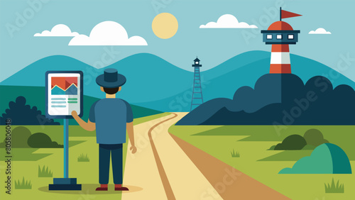 On a peaceful countryside road a lone traveler looks up as the signal towers bright screen catches their attention with its shocking headlines..