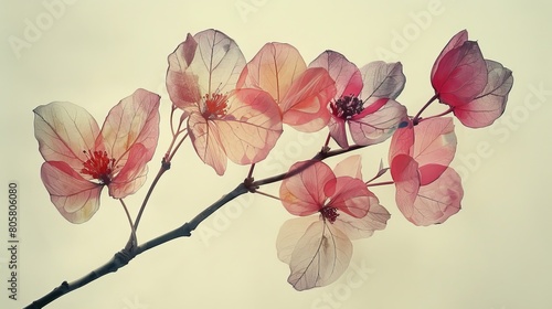 watercolor Delicate pink cherry blossoms on a branch on a beige background. © MAY