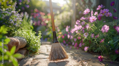 Wallpaper Mural   A broom atop a stone walkway adjacent to a garden teeming with purple and white blooms and verdant foliage Torontodigital.ca