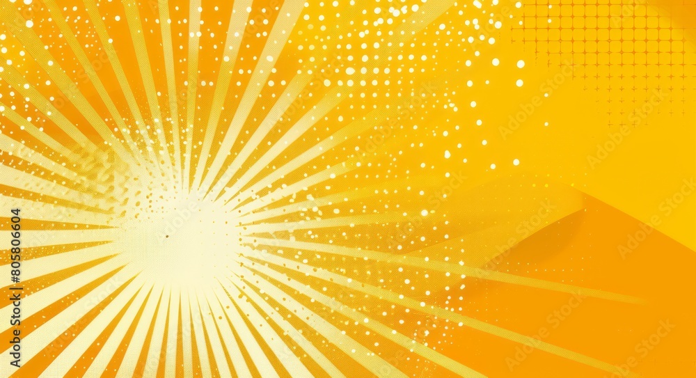 Fototapeta premium Yellow background with sun rays and halftone dots