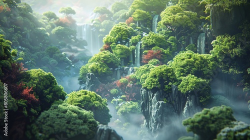 A lush forest world with a serene scene featuring a reef, combining elements of water, trees, and nature, evoking a sense of calm and beauty