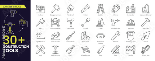 Construction Tool Stroke icon collections. Construction, renovation architecture, engineer, building, blueprint and home repair tools. Stroke icon collection Outline icon