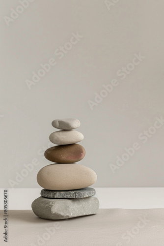A minimalist still life featuring a stack of pebbles arranged in a cairn  with their smooth surfaces and balanced shapes creating a mesmerizing minimalist composition.