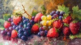 grapes and red strawberries background  with abstract water splashes abstract fruity background 