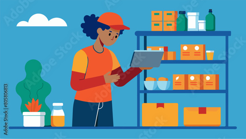 A volunteer carefully pricing items and adding them to the stores inventory.. Vector illustration