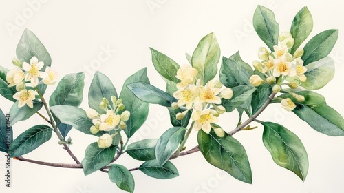 watercolor The image is a watercolor painting of a branch of white jasmine flowers with green leaves