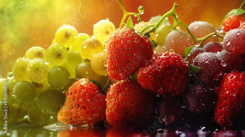 grapes and red strawberries background with abstract water splashes abstract fruity background 