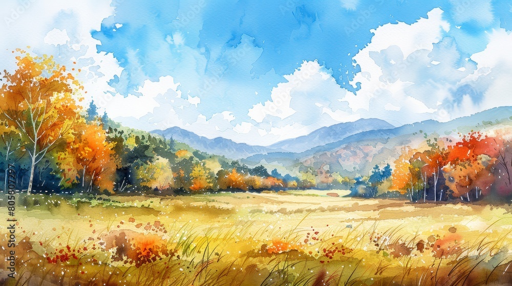 watercolor The image shows a beautiful landscape with a meadow, hills and trees with colorful leaves in the fall season. The sky is blue and cloudy. watercolor The image shows a beautiful landscape with a meadow, hills and trees with colorful leaves in the fall season. The sky is blue and cloudy.