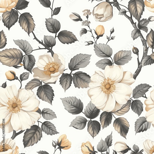 hand drawn floral with leaves seamless pattern on a white background . illustration 