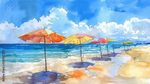 watercolor The image shows a beautiful beach with colorful umbrellas on the sand. The water is calm and blue, and the sky is sunny with a few white clouds.