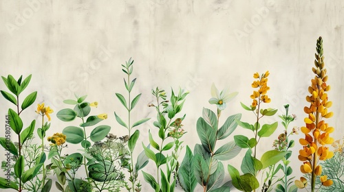 watercolor The image shows a variety of wildflowers and grasses in front of a white background. The flowers and grasses are all different colors, shapes, and sizes. photo