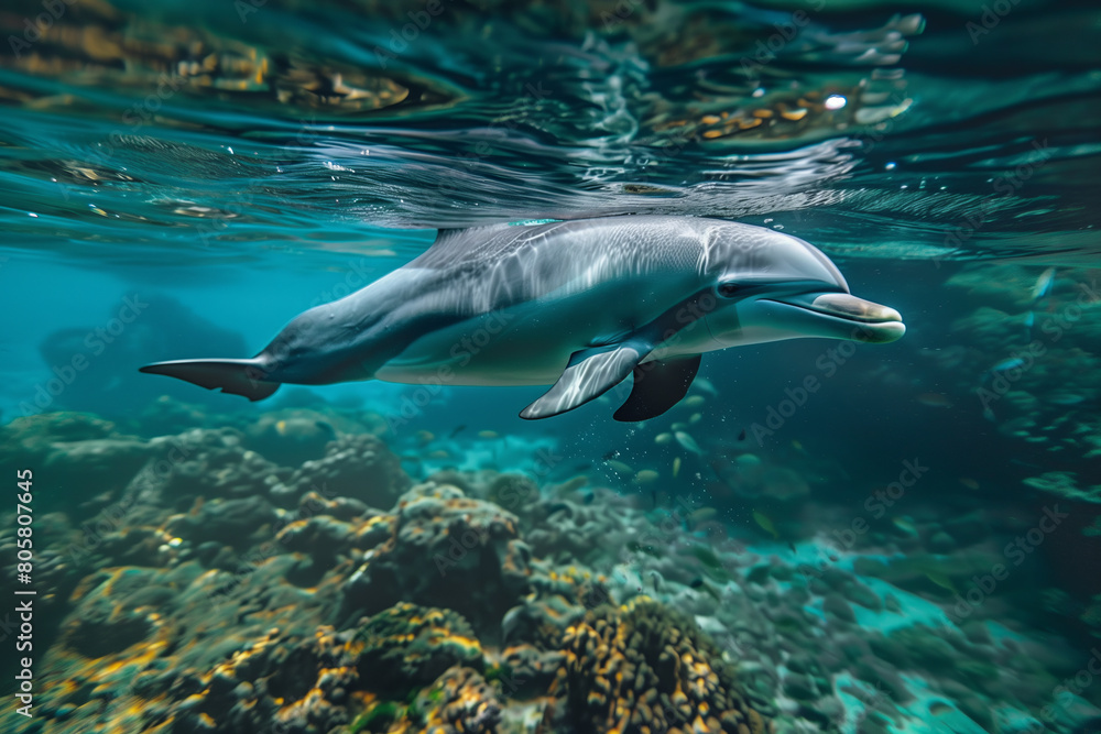 Underwater shot of a dolphin gracefully swimming in a coral reef, representing marine life in its natural, vibrant habitat
