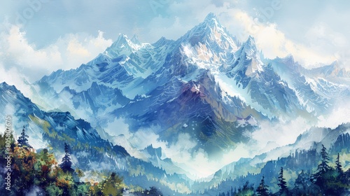 watercolor The majestic beauty of snow-capped mountains is a sight to behold photo