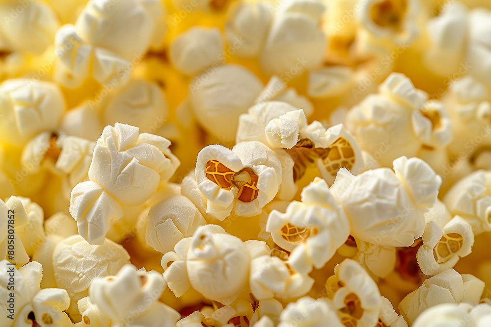 Macro shot of freshly popped popcorn, highlighting the textures and intricate details of each kernel against a golden background Macro shot of freshly popped popcorn, highlighting the textures and intricate details of each kernel against a golden background