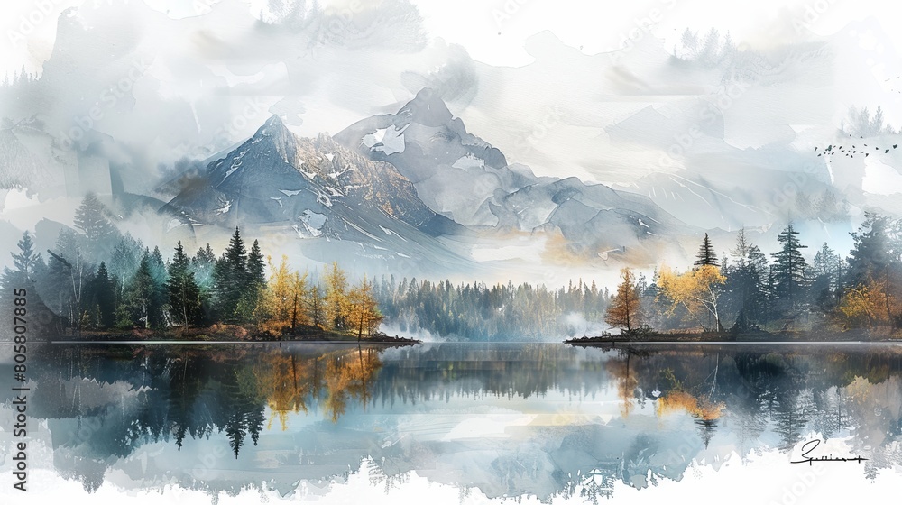 Naklejka premium watercolor The watercolor painting shows a beautiful mountain landscape with a lake in the front
