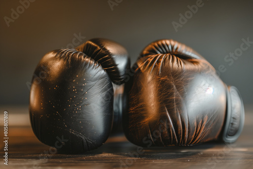 A pair of aged leather boxing gloves lie on a dark surface, hinting at many hard-fought battles and training sessions