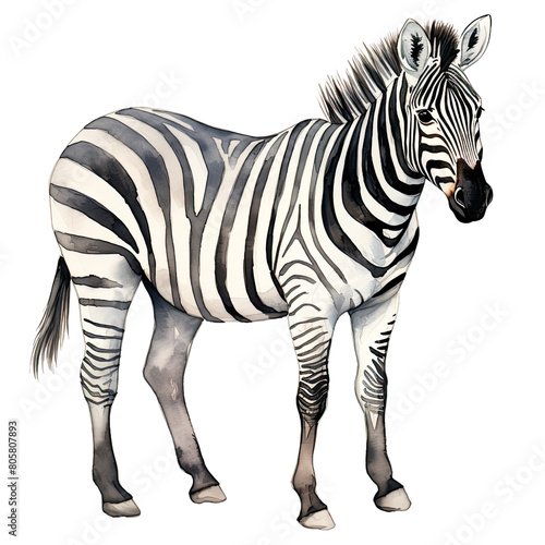 AI-Generated Watercolor cute Zebra standing Clip Art Illustration. Isolated elements on a white background.