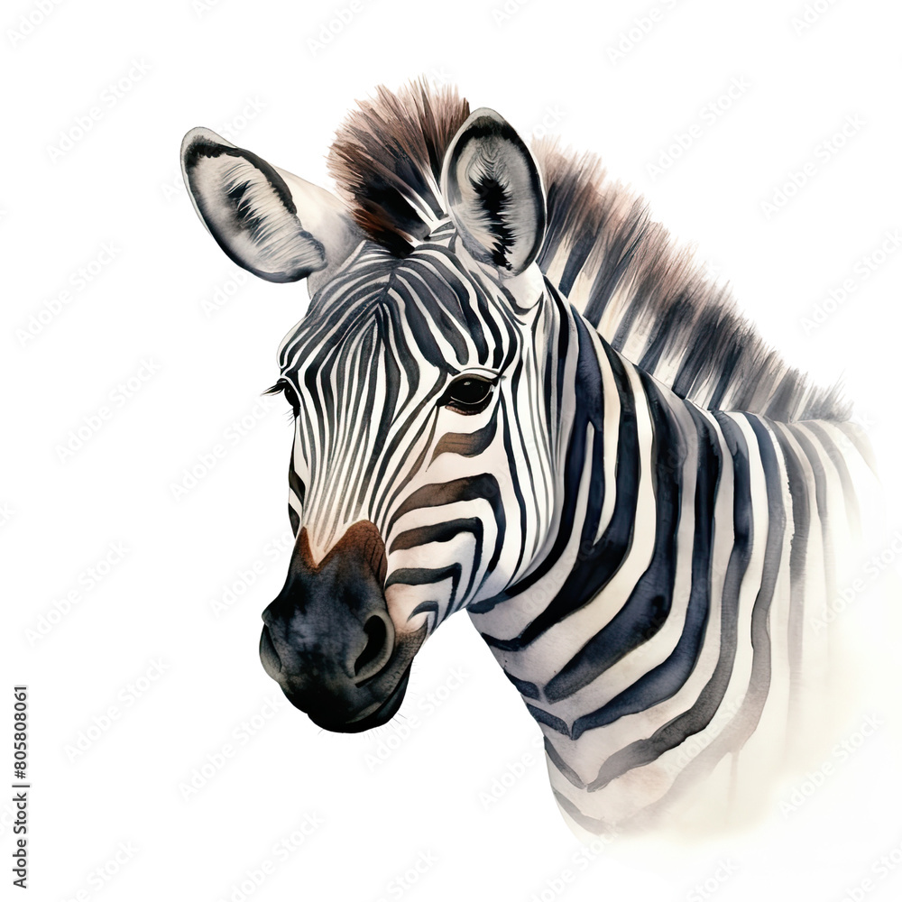 AI-Generated Watercolor cute Zebra head Clip Art Illustration. Isolated elements on a white background.