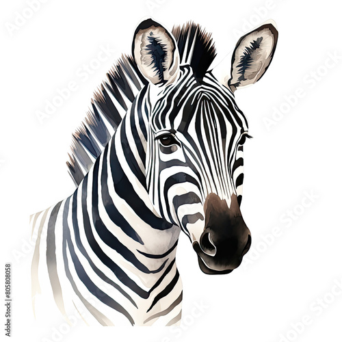 AI-Generated Watercolor cute Zebra head Clip Art Illustration. Isolated elements on a white background.