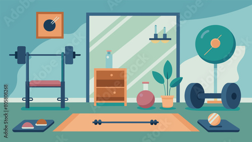 A home gym with a clean clutterfree layout and mirrors strategically p to reflect positive energy and motivation.. Vector illustration