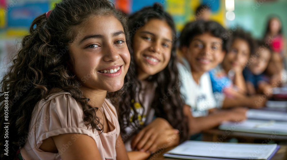 Obraz premium Smiling elementary school student sitting in class. Education at school and university. Schoolgirl student in the audience. Process of learning and education. 
