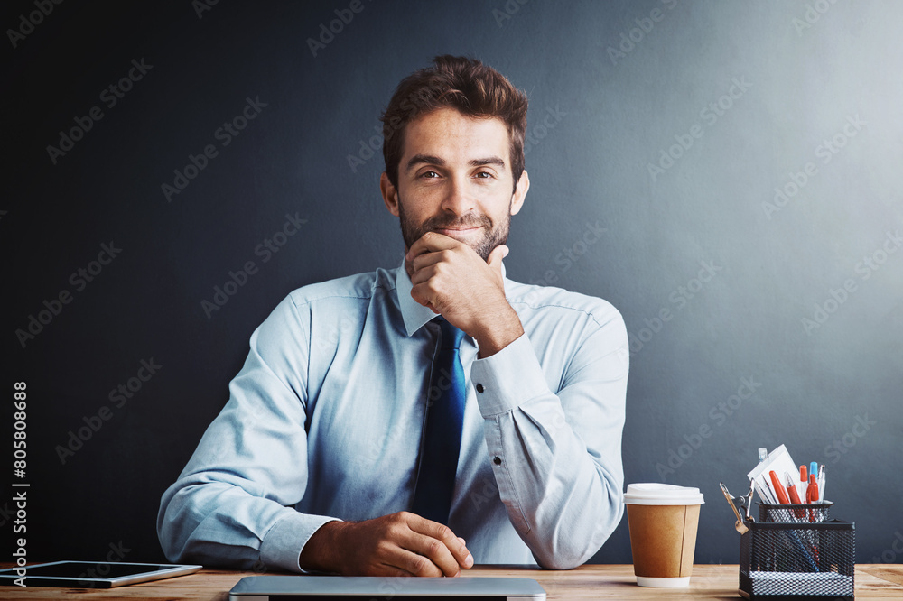 Businessman, portrait and smile at desk with wall background as insurance broker, confidence or investment. Male person, face and stationery at table with mockup space or about us, startup or loan Businessman, portrait and smile at desk with wall background as insurance broker, confidence or investment. Male person, face and stationery at table with mockup space or about us, startup or loan