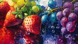 grapes and red strawberries background  with abstract water splashes abstract fruity background 