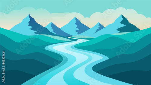 A river flowing through a mountain range representing the constant ebb and flow of life and the Stoic embrace of the present moment.. Vector illustration