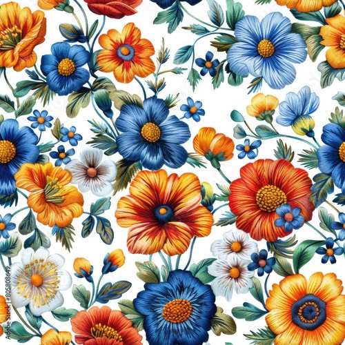 Pattern of embroidery flowers on White background .