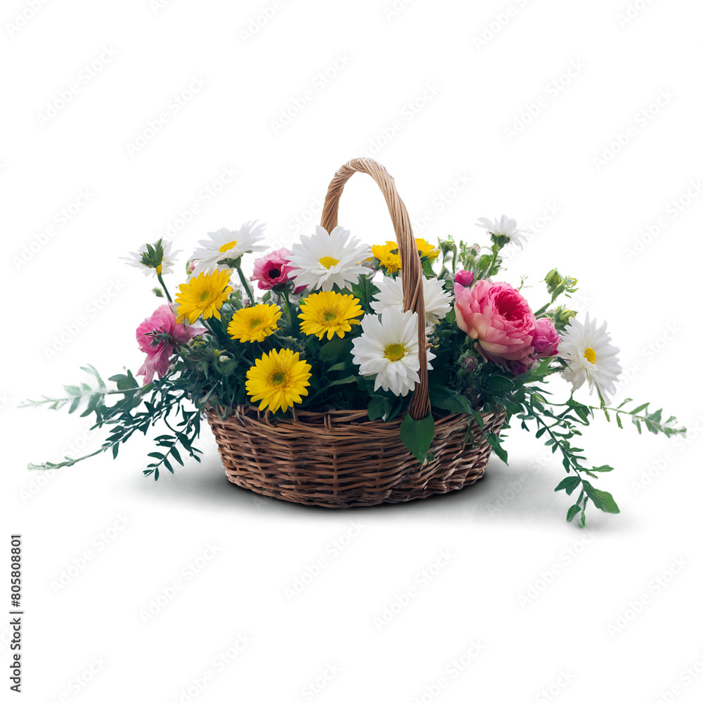 A basket full of fresh and colorful flowers, perfect for home decoration. Transparent background.