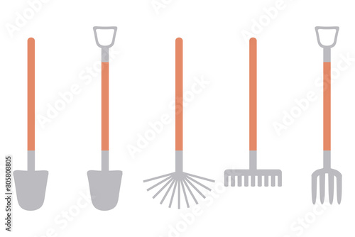 Hand drawn shovels and rakes clipart collection. Summer gardening tools flat set. Vector illustration isolated on white background.