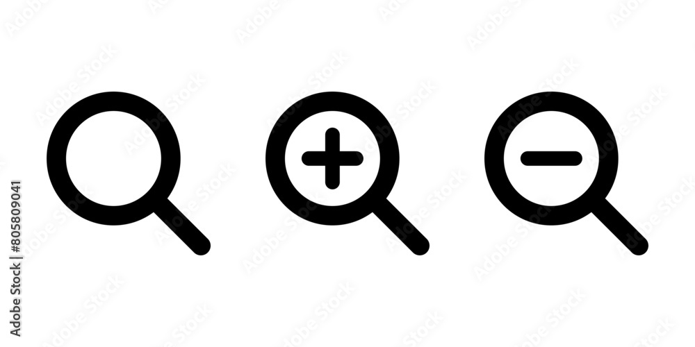 Search and zoom icon in generic style. Magnifying glass with plus and minus Search and zoom icon in generic style. Magnifying glass with plus and minus