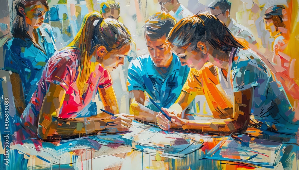 Capture the essence of growth and learning with a dynamic, vibrant acrylic painting of a worms-eye view tutoring session in progress, highlighting interaction between student and teacher