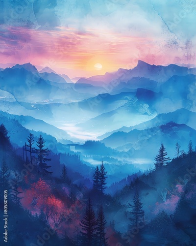 breathtaking panoramic view of a serene mountain range bathed in pastel sunrise hues using watercolors Include tiny figures engaging in hiking and camping activities for added depth and stor