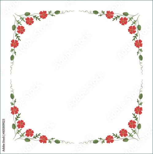 Green vegetal ornamental frame with leaves and poppy flowers, decorative border, corners for greeting cards, banners, business cards, invitations, menus. Isolated vector illustration. 