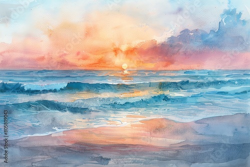 serene beach at sunrise, with distant figures gazing at the horizon in watercolor Enhance the sense of hope with soft pastel hues and gentle brushstrokes photo