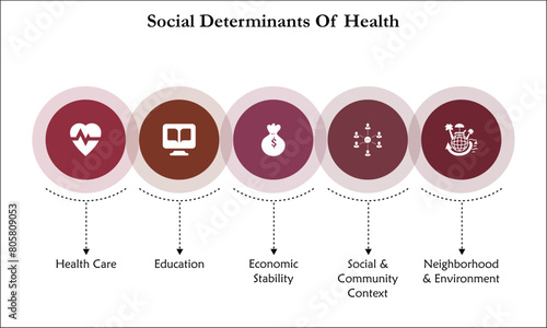 Five aspects of Social Determinants of health - Health Care, Education, Economic Stability, Social and Community Context, Neighborhood and environment. Infographic template with icons 
