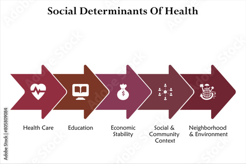Five aspects of Social Determinants of health - Health Care, Education, Economic Stability, Social and Community Context, Neighborhood and environment. Infographic template with icons 