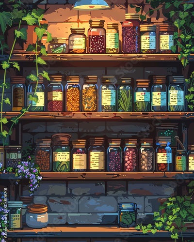 digital pixel art composition of a cozy home kitchen shelf filled with jars of homemade remedies like elderberry syrup and chamomile salve, each jar distinct in shape and color, emitting a wa