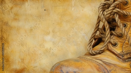   A tight shot of boots with a ropeside attachment  against a grungy wall backdrop