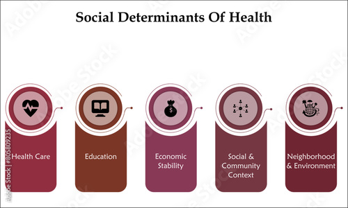Five aspects of Social Determinants of health - Health Care, Education, Economic Stability, Social and Community Context, Neighborhood and environment. Infographic template with icons 