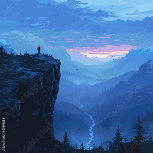 lone figure standing on a vast mountaintop overlooking a sweeping valley in pixel art Depict the figures expression of hope with a minimalist, yet emotive approach