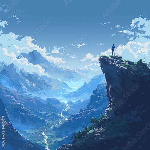 lone figure standing on a vast mountaintop overlooking a sweeping valley in pixel art Depict the figures expression of hope with a minimalist, yet emotive approach