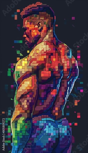 figure engaged in rear view strength training using pixel art techniques, showcasing intricate pixelated muscle definition and vibrant fitness attire for a modern, eye-catching look