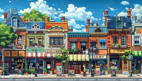 whimsical birds-eye view boutique shopping street using pixel art techniques Showcase quirky shop signs, animated characters browsing, and colorful storefronts to playful and inv