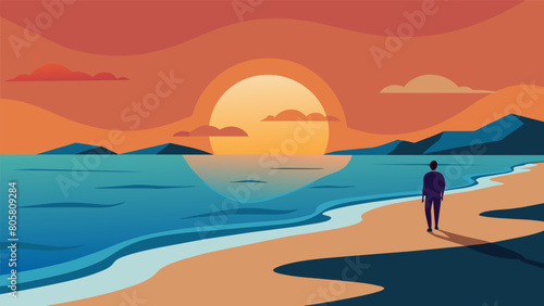 The sun setting in the distance as a person walks along a quiet beach the waves lapping gently at their feet..