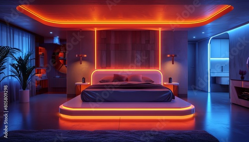 Envision sleep optimization with a futuristic digital rendering of a high-tech bedroom set up from the rear CG 3D rendering, sleek design, ambient glow