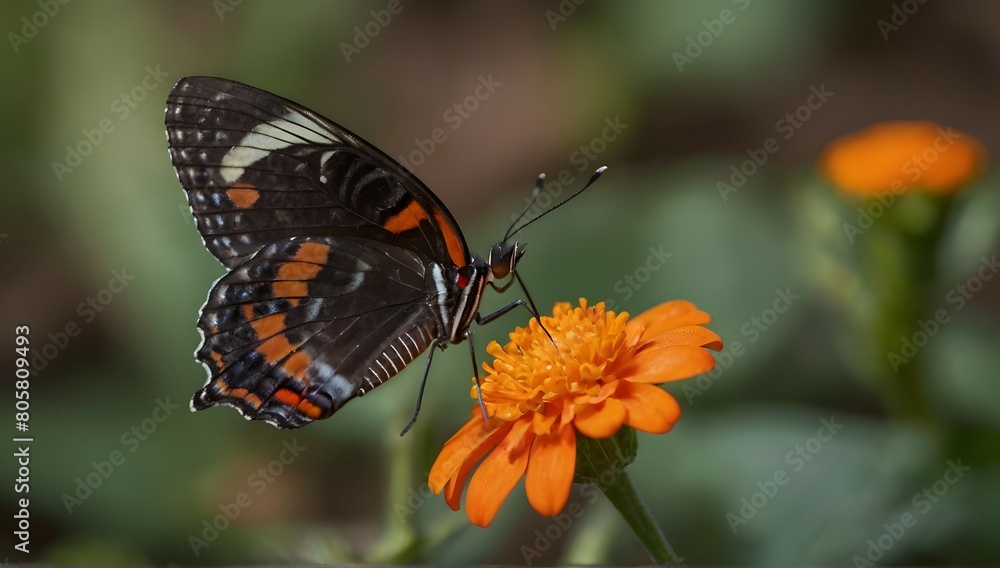 closeup shot of a beautiful butterfly with interesting textures on an orange-petaled flower closeup shot of a beautiful butterfly with interesting textures on an orange-petaled flower